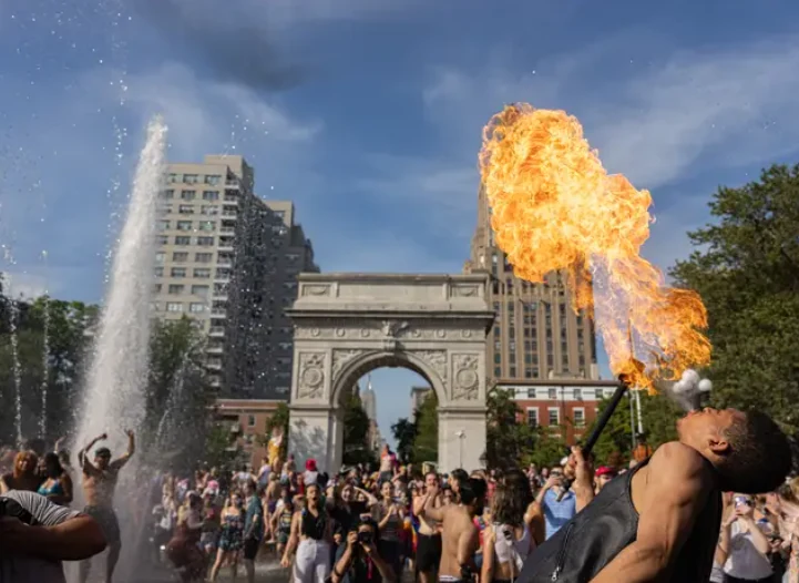 A fire breather performing in Washington Square Park